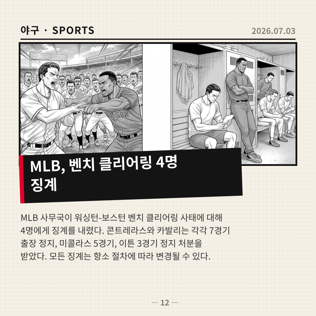 MLB, 벤치 클리어링 관련 4명 징계… 콘트레라스-카발리 7경기 출장 정지