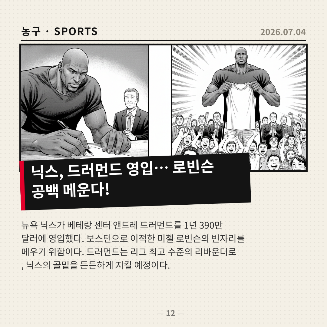 뉴욕 닉스, 베테랑 앤드레 드러먼드 영입으로 로빈슨 공백 메워
