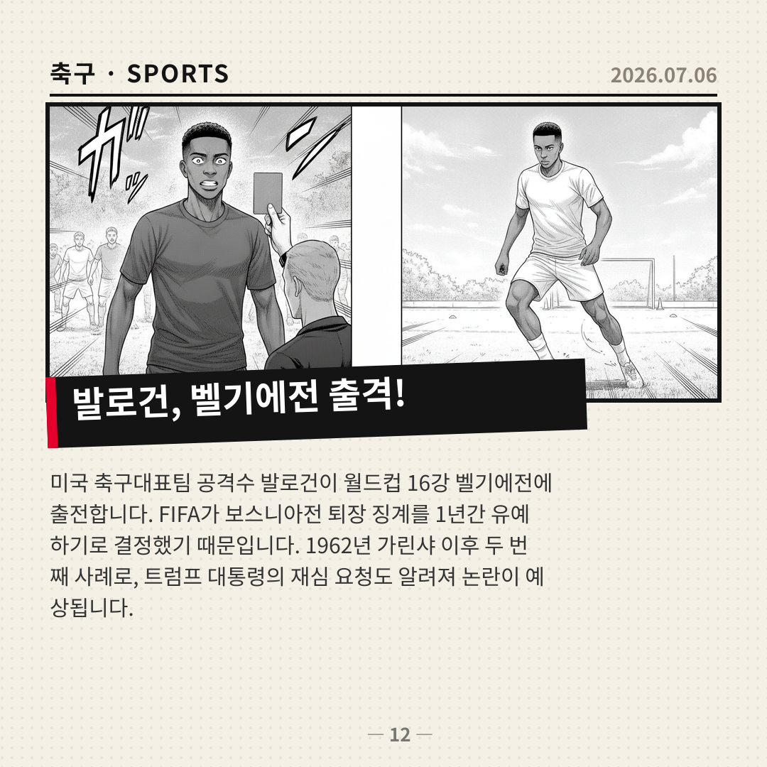 FIFA, 발로건 퇴장 징계 유예 결정…미국-벨기에전 출전 가능
